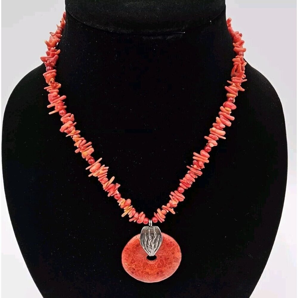 JBB Joshua Benbassat 925 Sterling Silver Coral Disc Pendant 18" Necklace - Picture 1 of 5